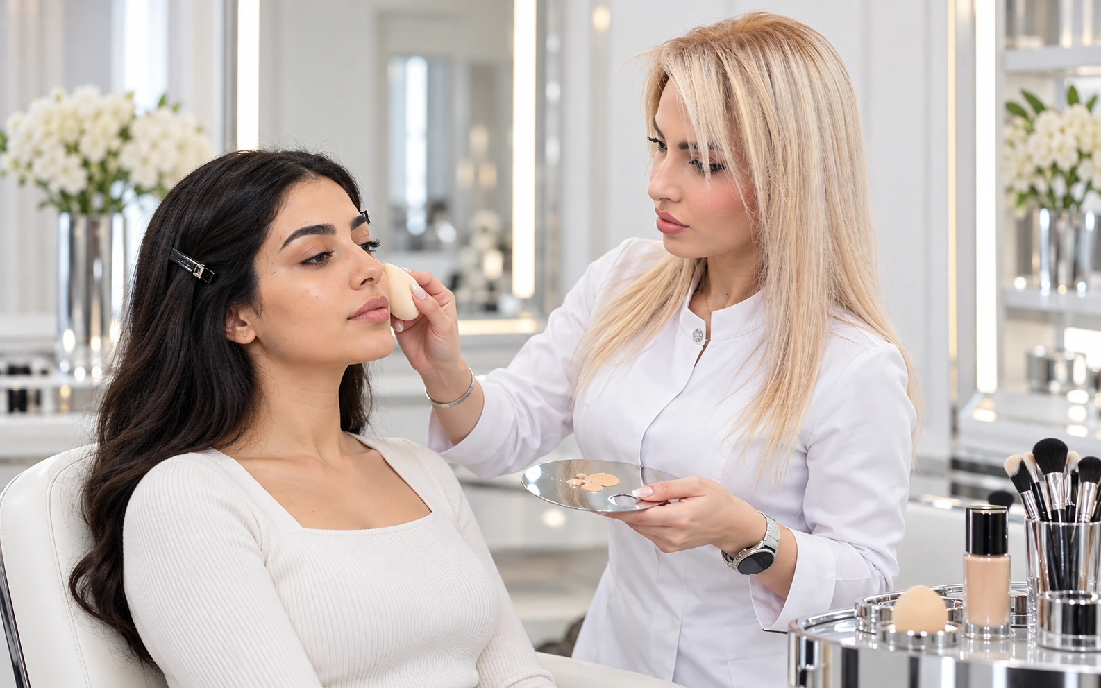 Hasti Ataei in a white and silver makeup studio; artistic recreation